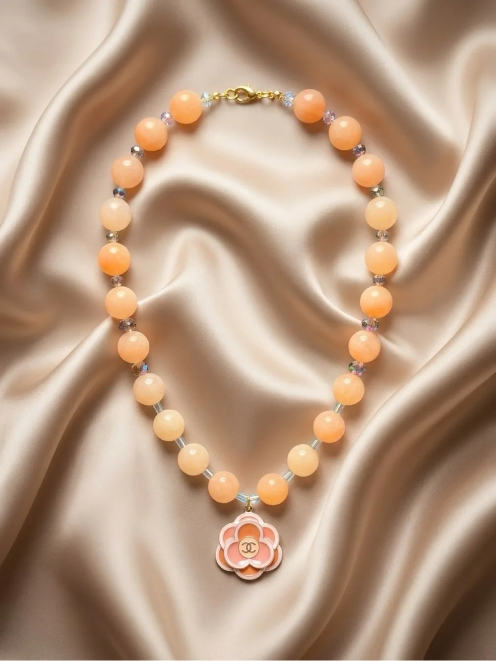 Peach Beaded Dog Necklace with Floral Charm